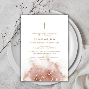 Elegant Boho Terracotta Agate Gold Cross Baptism  Invitation