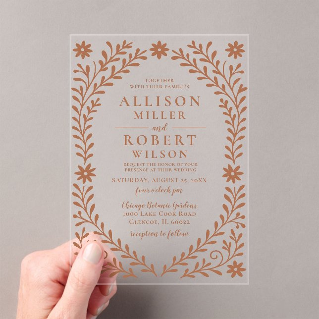 Elegant Boho Terracotta Floral Wedding Acrylic Invitations (Insitu (Handheld))