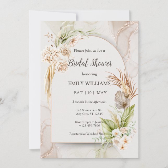 Elegant Boho Tropical Pampas Grass Bridal Shower Invitation (Front)