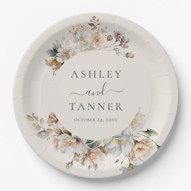 Elegant Boho Vintage Wildflowers Botanical Wedding Paper Plate (Front)