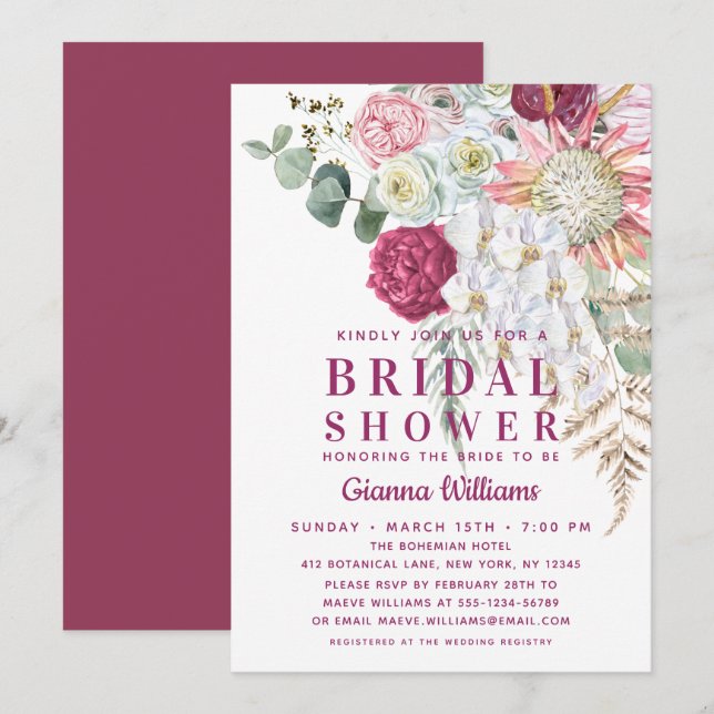 Elegant Boho Watercolor Floral Bridal Shower Invitation (Front/Back)
