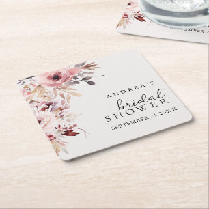 Elegant Boho Watercolor Floral Bridal Shower Square Paper Coaster