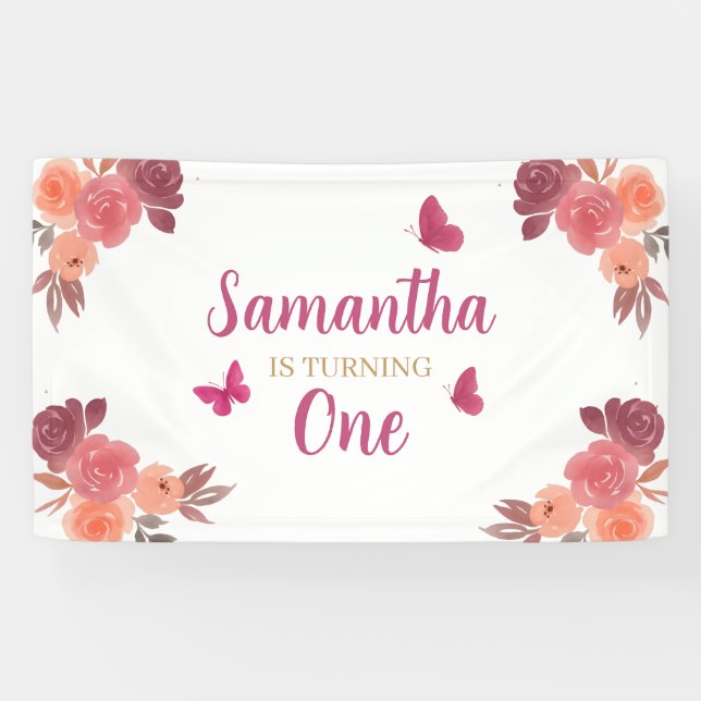 Elegant Boho  Watercolor Floral First Birthday  Banner (Horizontal)