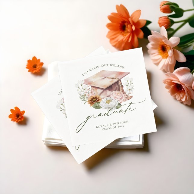 Elegant Boho Watercolor Florals Graduation Cap Napkin (Elegant Boho Watercolor Florals Graduation Cap Napkins)