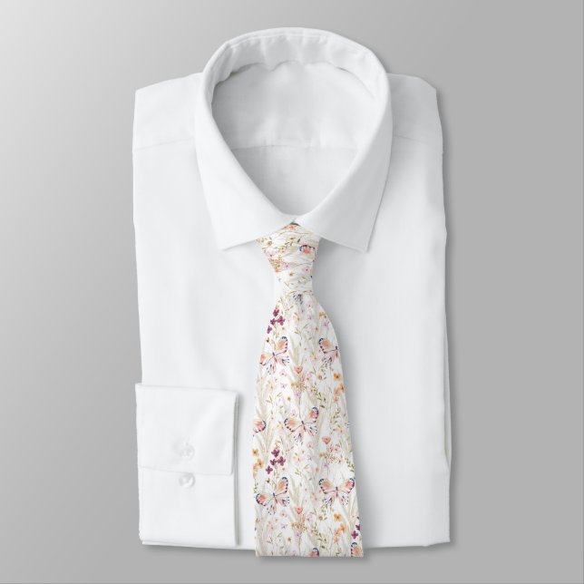Elegant Boho Watercolor Flower Butterfly White Tie (Tied)