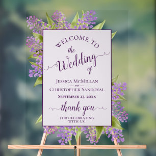 Elegant Boho Watercolor Lilacs Wedding Welcome Acrylic Sign