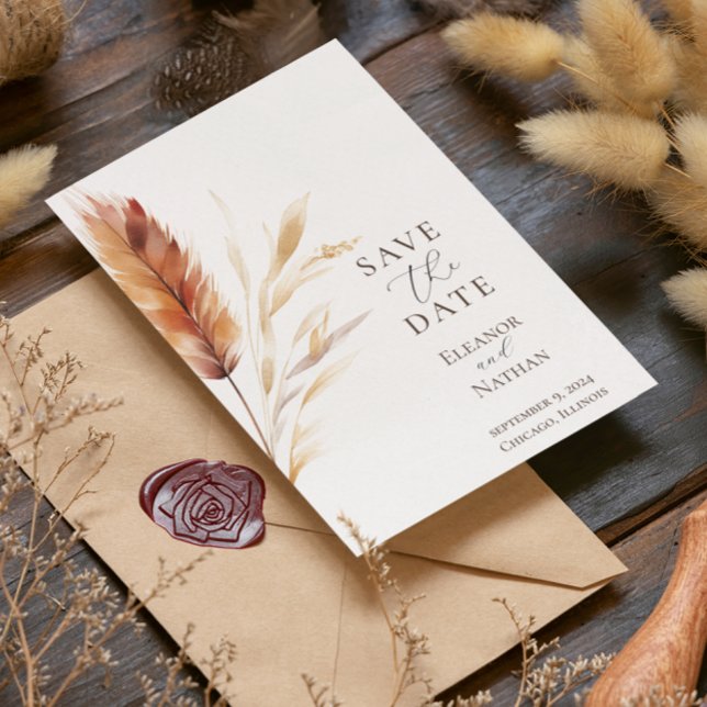 Elegant Boho Watercolor Pampas Fall Wedding Save The Date (Creator Uploaded)