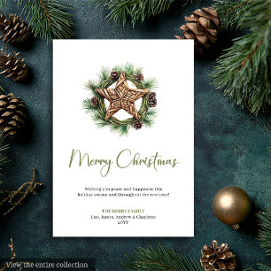 Elegant Boho Watercolor Pine Wreath Christmas Card