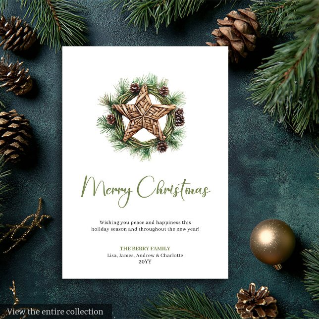 Elegant Boho Watercolor Pine Wreath Christmas Card (Elegant Boho Watercolor Pine Wreath Christmas Card)
