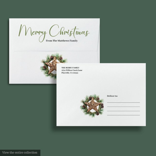 Elegant Boho Watercolor Pine Wreath Xmas Envelopes (Add a touch of bohemian elegance to your holiday mail with this Boho Christmas Envelope, designed to)