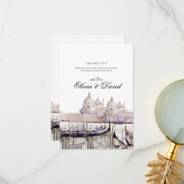 Elegant Boho Watercolor Venice Script Wedding Thank You Card (Front/Back In Situ)