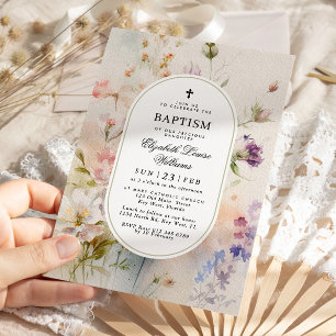 Elegant Boho Watercolor Wildflowers Baptism Invitation