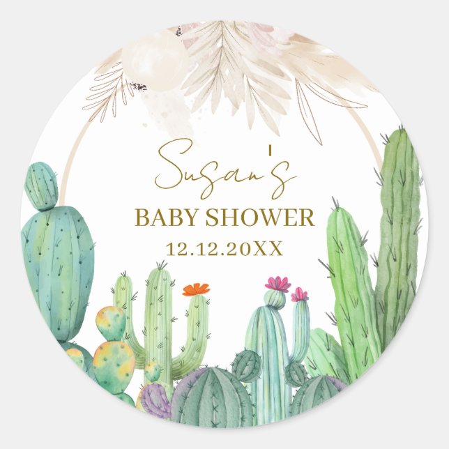 Elegant Boho Western Cactus Arch Baby Shower Classic Round Sticker (Front)