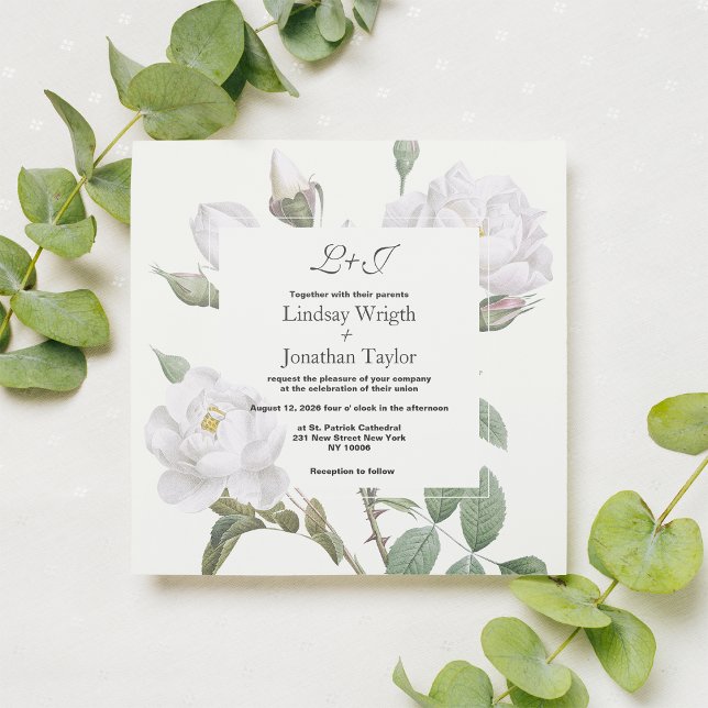Elegant boho white green rose floral Wedding Invitation (Elegant boho white green rose floral Wedding )