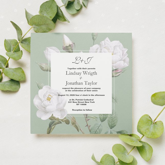 Elegant boho white mint green rose floral Wedding  Invitation (Elegant boho white mint green rose floral Wedding Invitation )