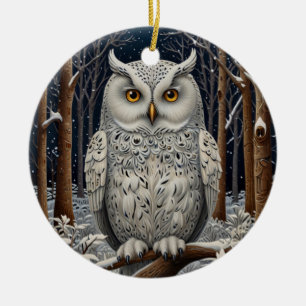 Elegant boho white owl woodland winter forest ceramic tree decoration