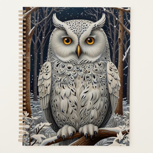 Elegant boho white owl woodland winter forest planner (Front)