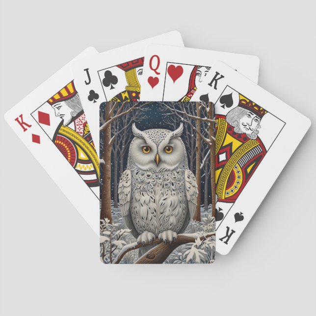 Elegant boho white owl woodland winter forest playing cards (Back)