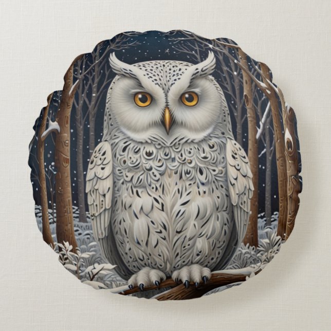 Elegant boho white owl woodland winter forest round cushion (Front)