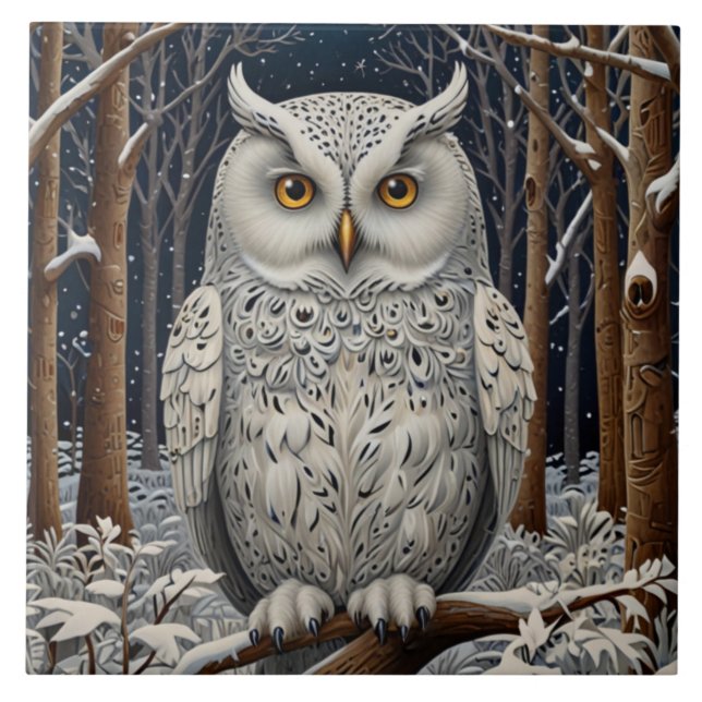 Elegant boho white owl woodland winter forest tile (Front)