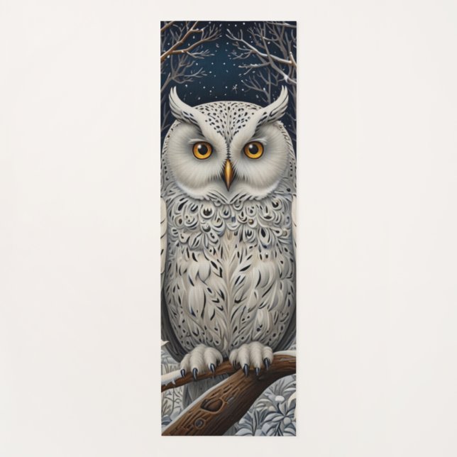 Elegant boho white owl woodland winter forest yoga mat (Front)