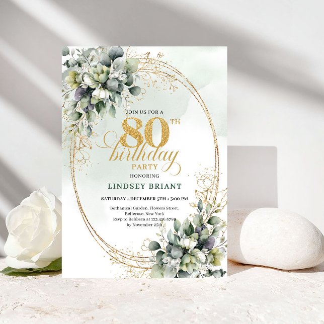 Elegant Boho White Roses 80th Birthday Invitation (Elegant Boho White Roses 80th Birthday Invitation)