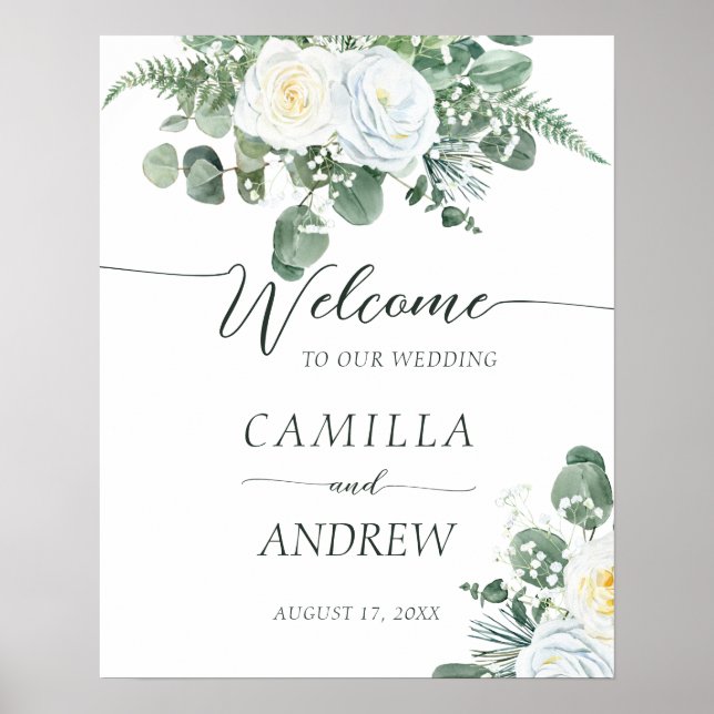 Elegant Boho White Roses with Greenery Welcome Poster (Front)