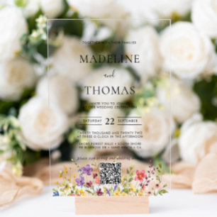 Elegant Boho Wild Flower Photo QR Code Wedding Acrylic Invitations