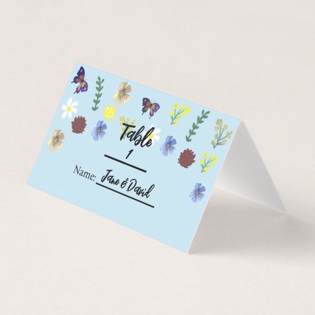 Elegant Boho Wildflower Blue Place Cards (Front)