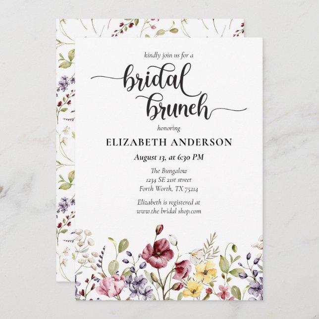 Elegant Boho Wildflower Bridal Shower Brunch Invitation (Front/Back)