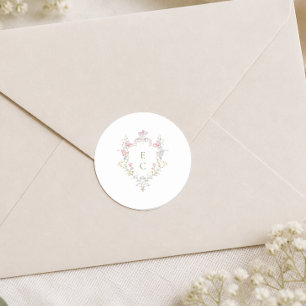Elegant Boho Wildflower Crest Initials Wedding Classic Round Sticker