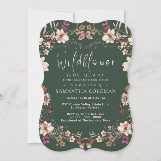Elegant Boho Wildflower Dark Green Baby Shower Invitation (Front)