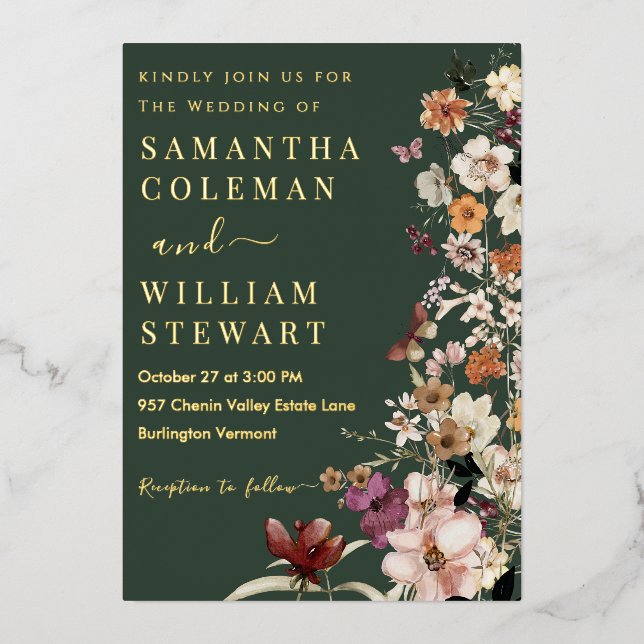 Elegant Boho Wildflower Dark Green Rustic Wedding (Front)