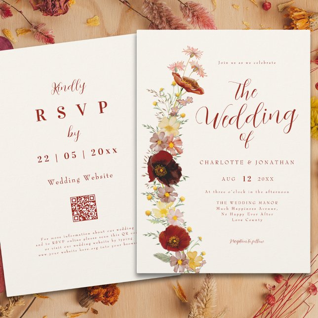 Elegant Boho Wildflower Fall  Invitation (Elegant boho wildflower fall peach brown burnt orange wedding qr code invitation )