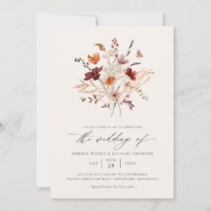 Elegant Boho Wildflower Fall Wedding Photo Invitation