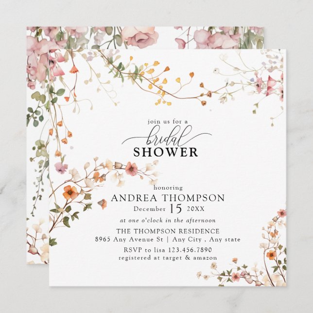 Elegant Boho Wildflower Floral Bridal Shower  Invitation (Front/Back)