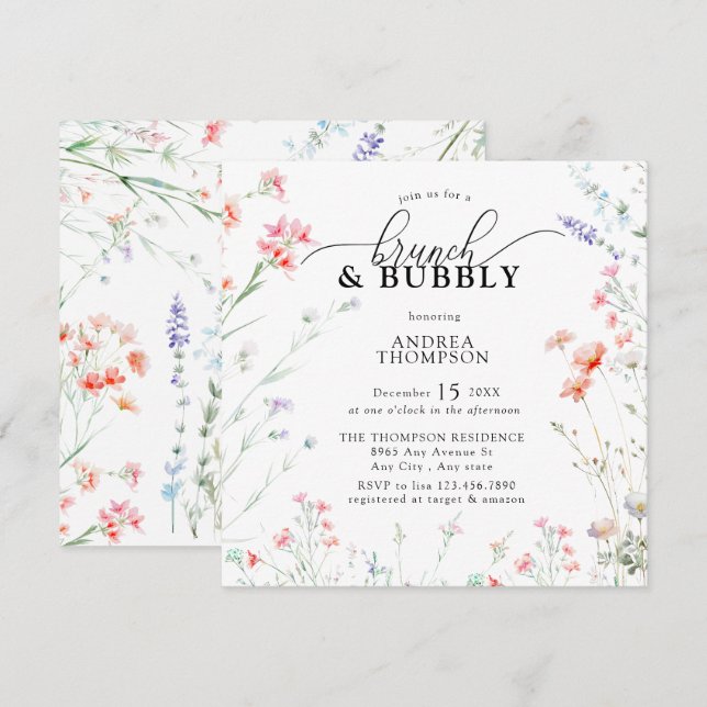 Elegant Boho Wildflower Floral Brunch Bubbly Invitation (Front/Back)