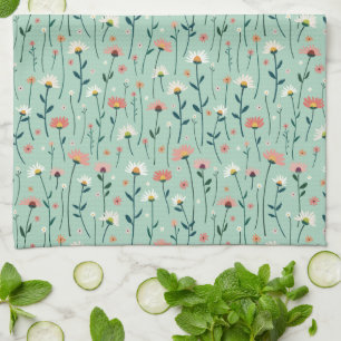 Elegant Boho Wildflower Garden Aqua Teal Tea Towel