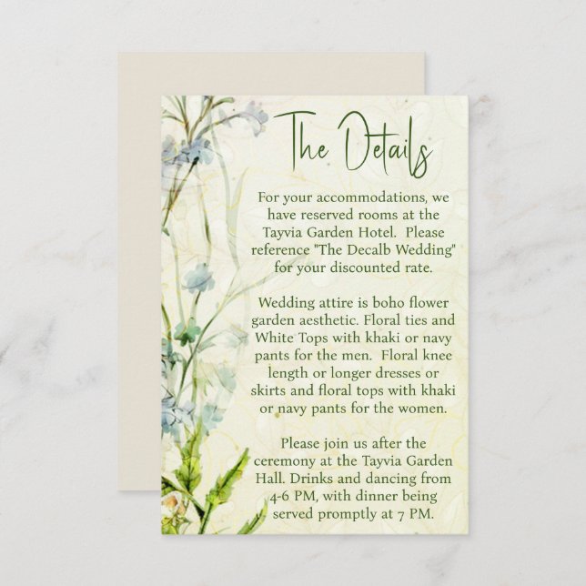 Elegant Boho Wildflower Garden Wedding Details Enclosure Card (Front/Back)