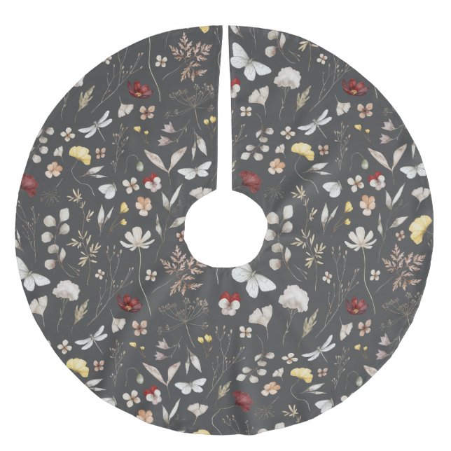 Elegant Boho Wildflower Greenery Leaves  Brushed Polyester Tree Skirt (Front)