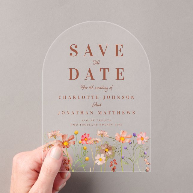 Elegant Boho Wildflower Meadow Wedding Acrylic Invitations (Insitu (Handheld))
