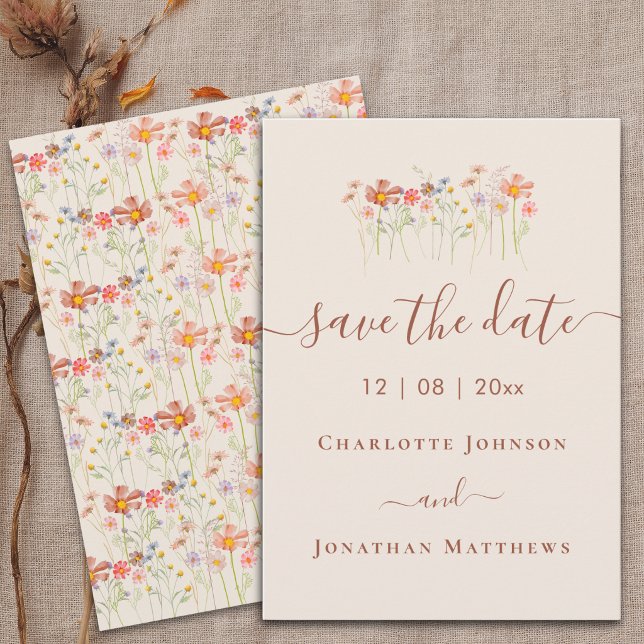 Elegant Boho Wildflower Meadow Wedding Save The Date (Wildflower garden meadow watercolor floral beige brown terracotta Wedding invitation)