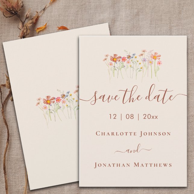 Elegant Boho Wildflower Meadow Wedding Save The Date (Wildflower boho garden meadow watercolor floral beige brown terracotta Wedding invitation)