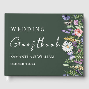 Elegant Boho Wildflower Modern Dark Green Wedding Guest Book