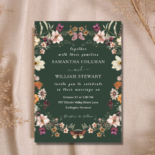 Elegant Boho Wildflower Modern Dark Green Wedding Invitation