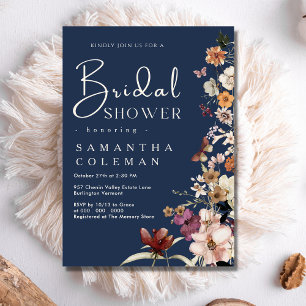 Elegant Boho Wildflower Navy Blue Bridal Shower Invitation