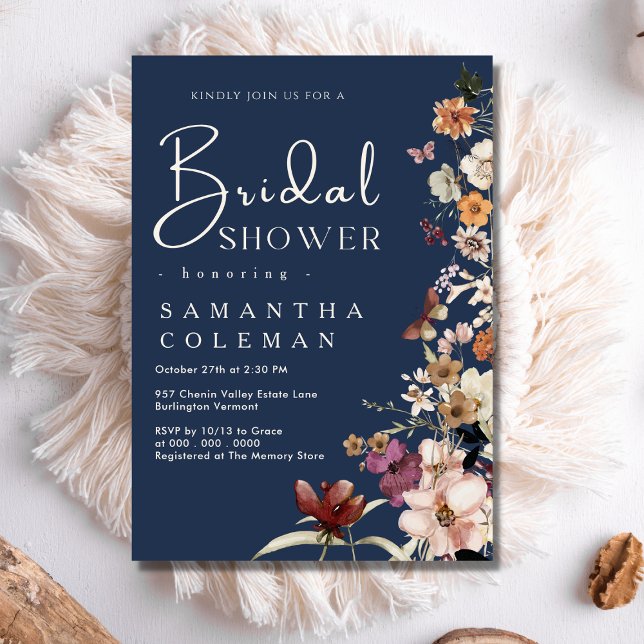 Elegant Boho Wildflower Navy Blue Bridal Shower Invitation (Creator Uploaded)