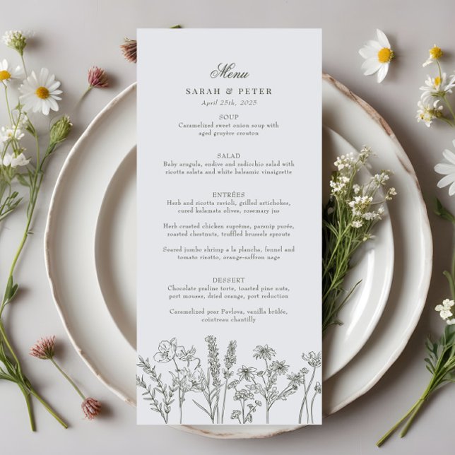 Elegant Boho Wildflower Olive Green Wedding Menu (Creator Uploaded)