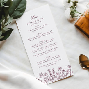 Elegant Boho Wildflower Purple Burgundy Wedding Menu