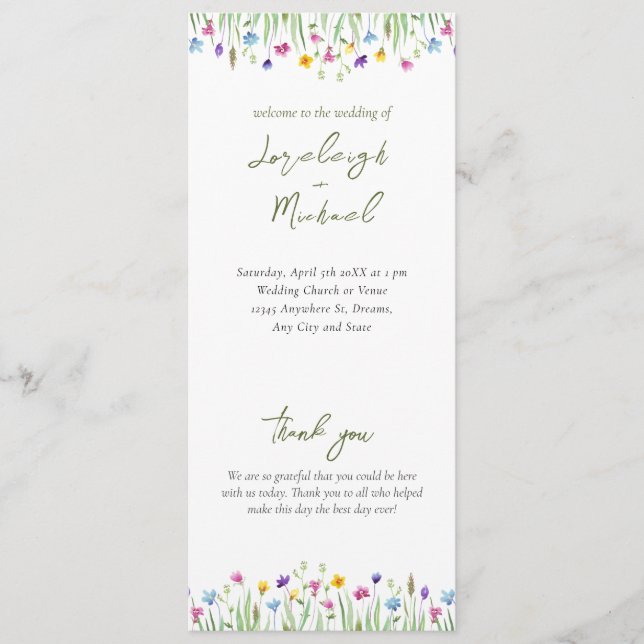 Elegant boho wildflower Script Wedding Programme (Front)